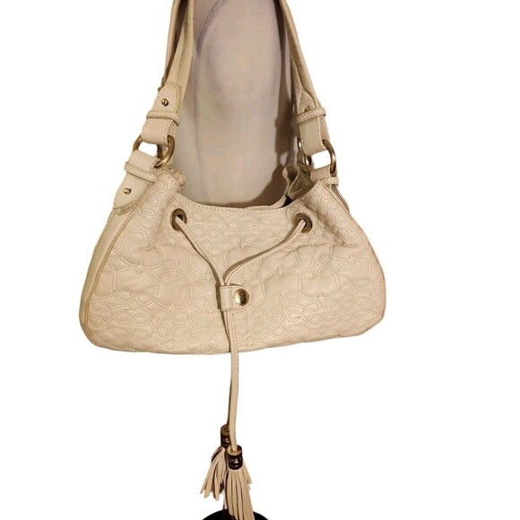 Lancel Paris Satchel Medium Sized Ecru Embroidered Quilted Leather Old Money - Picture 1 of 10